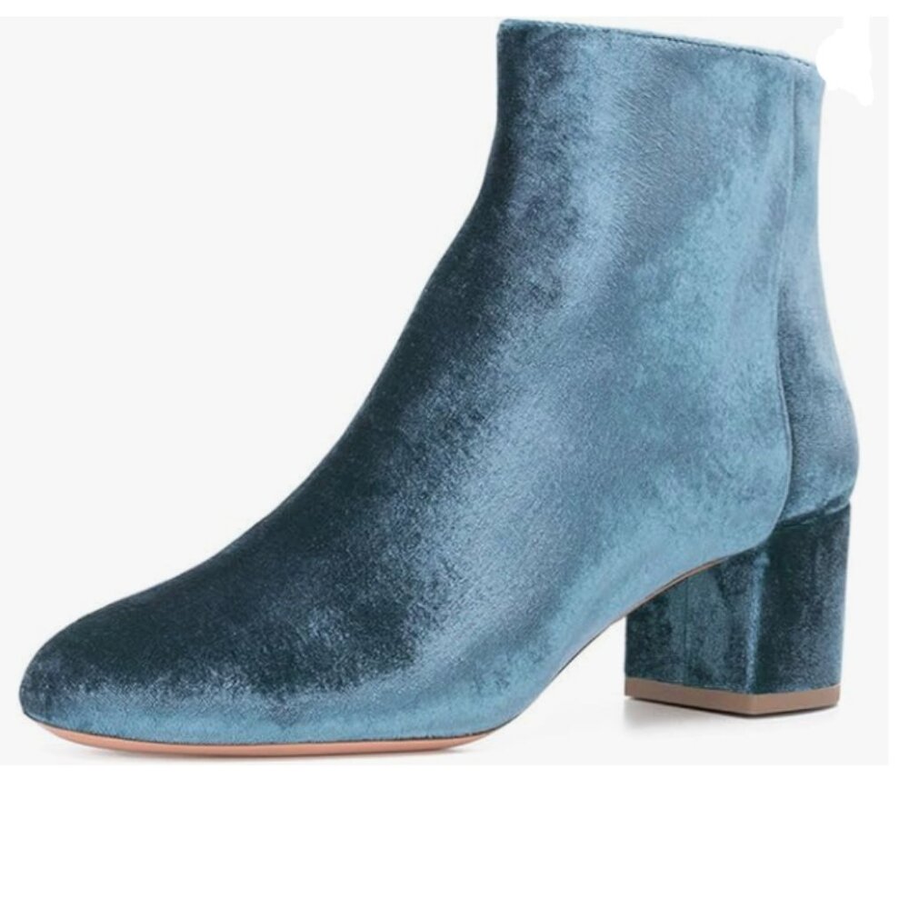 FSJ Blue Round Toe Velvet Ankle Boots Block Heel Side Zipper Office Comfort Shoe
